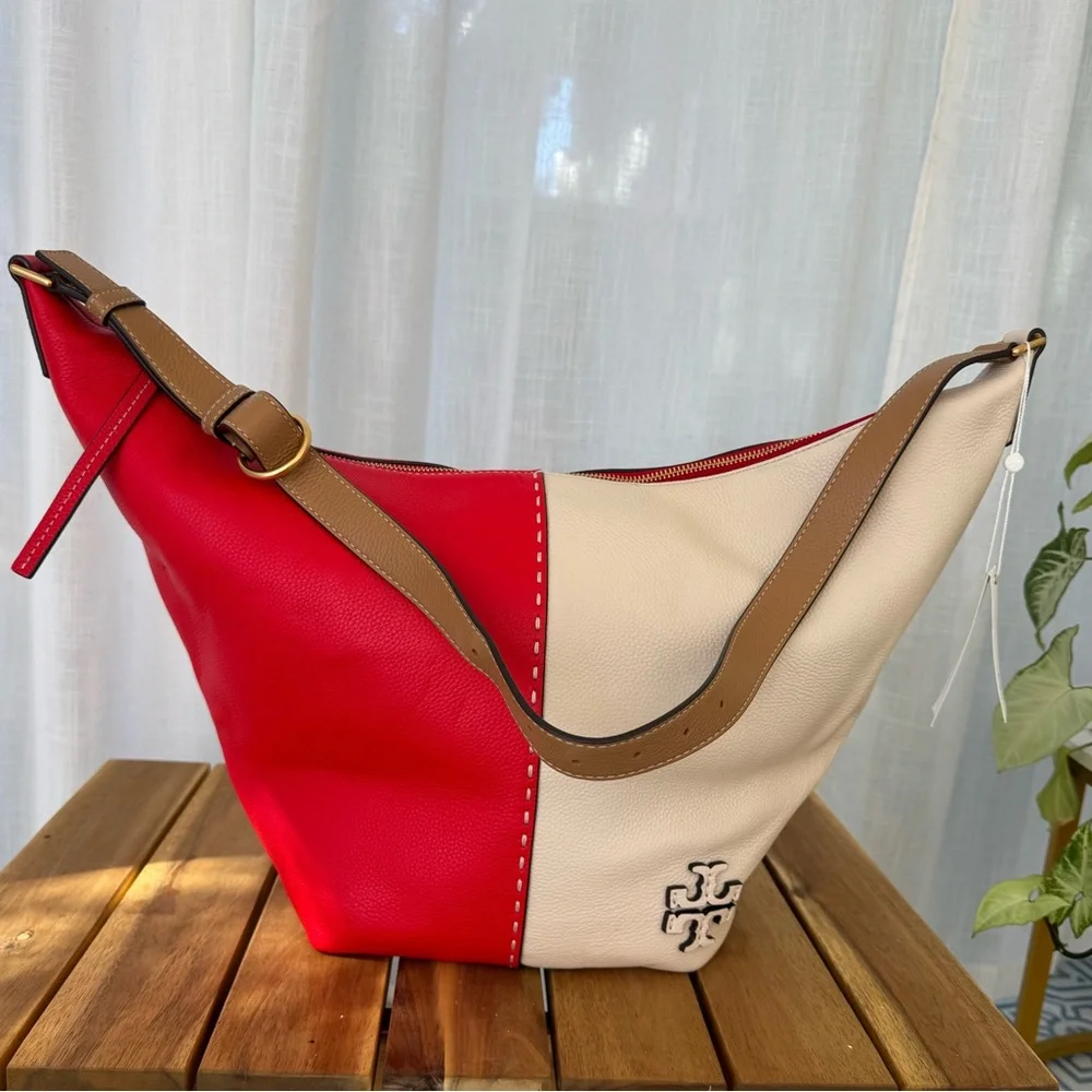 Tory Burch McGraw Colorblock Zip Bucket Bag Brilliant Red New Cream Leather Hobo